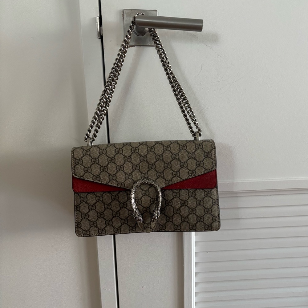 Gucci GG Supreme Small Dionysus Monogram Shoulder Bag with Red Suede Accent